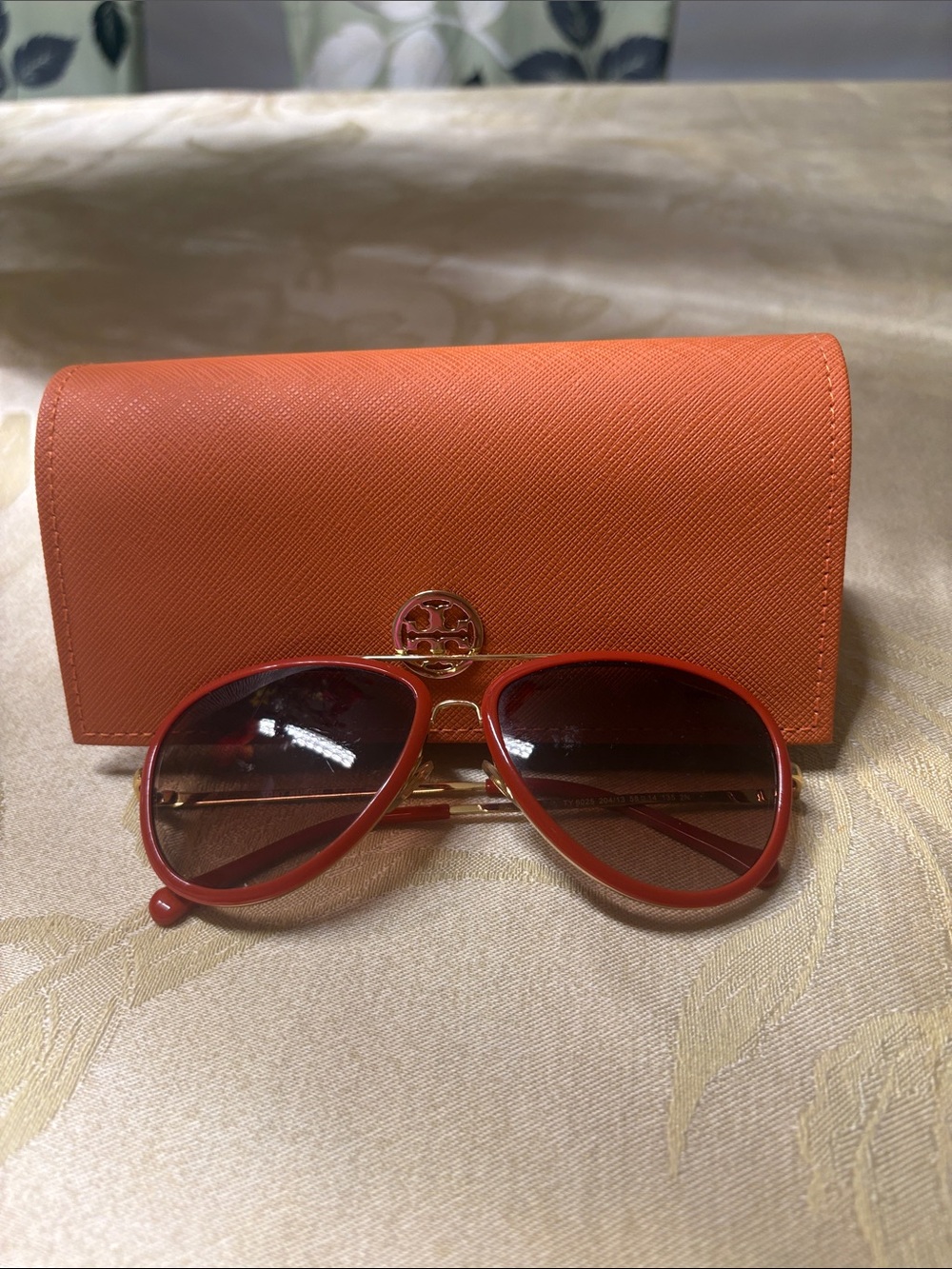 Tory Burch Red and Gold Aviator Sunglasses with Orange Case
